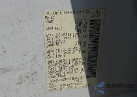 2015 Nissan Murano Sl from USA, damaged, VIN 5N1AZ2MH2FN289797